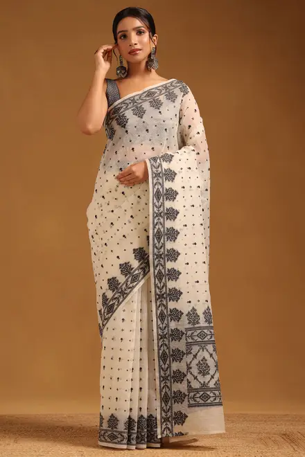 Cream Kota Floral Emrboidered Saree